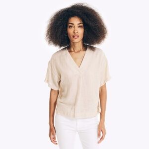 Nautica Cross Dye V-Neck Beige Linen Top Shirt Blouse XS